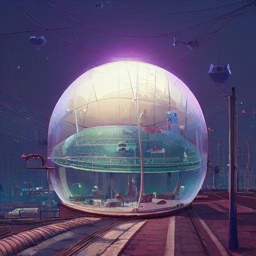 Image similar to A city trapped in a giant transparent dome, bubbles, cinematic lighting, insanely detailed, intricate, artstation, cgsociety, painted by Simon Stalenhag, concept art, illustration, sharp focus,