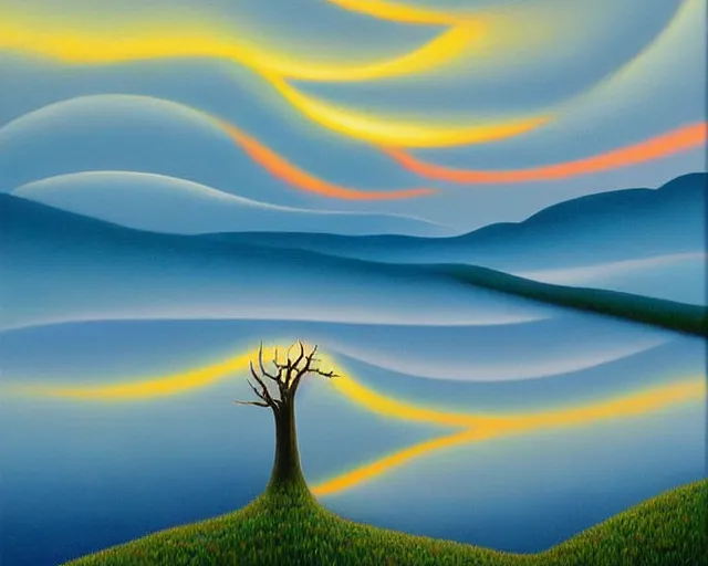 Image similar to a painting of an unimaginably beautiful landscape at golden hour, an ultrafine detailed painting by rafal olbinski, behance contest winner, pop surrealism, detailed painting, very detailed, minimalist, skeuomorphic, airbrush art