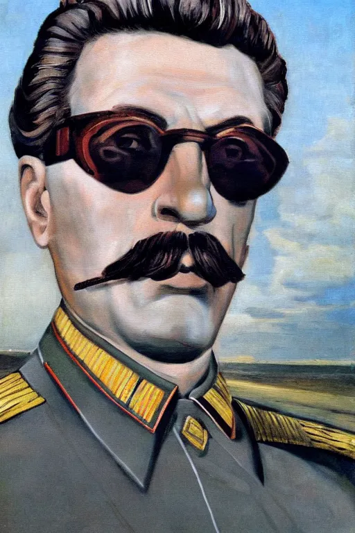 Prompt: Isaak Brodsky portrait painting of Joseph Stalin dressed in latex and wearing mirrored sunglasses, landscape reflected in his glasses, realism