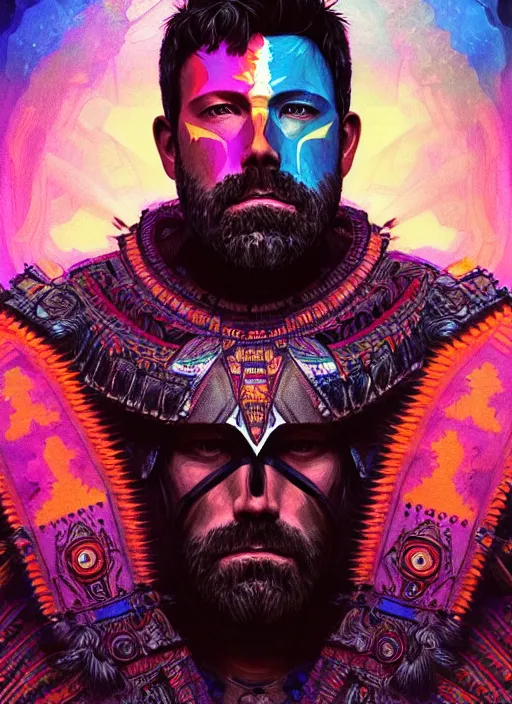 Prompt: portrait of ben affleck, hyper detailed ultra sharp aztec shaman warrior. trending on artstation, warpaint aesthetic, bloodwave, colorful, psychedelic, ornate, intricate, digital painting, concept art, smooth, sharp focus, illustration, art by artgerm and greg rutkowski and h. r. giger, 8 k