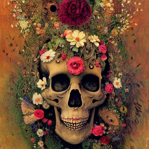 Image similar to 'Life from death' A beautiful detailed aesthetic horror painting depicting 'A skeleton with plants and flowers growing all over it, birds and bees flying all around it' by Odilon Redon and giuseppe arcimboldo, Trending on cgsociety artstation, 8k, masterpiece, cinematic lighting.