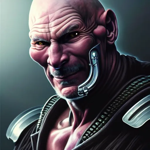 Image similar to portrait painting of a cyberpunk orc doctor extremely muscular patrick stewart with fangs and tusks, ultra realistic, concept art, intricate details, eerie, highly detailed, photorealistic, octane render, 8 k, unreal engine. art by artgerm and greg rutkowski and charlie bowater and magali villeneuve and alphonse mucha