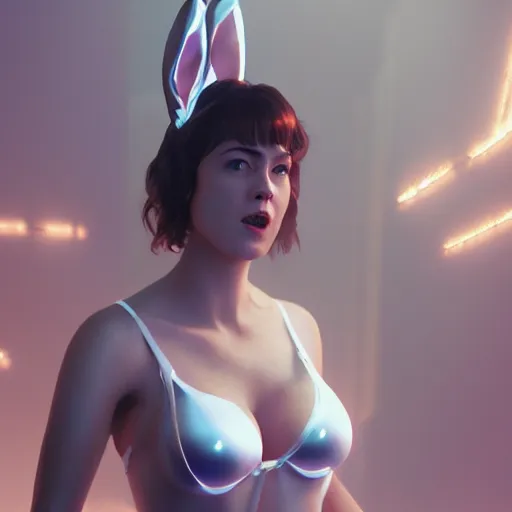 Image similar to detailed film still of mary winstead wearing a playboy bunny outfit, 8 k, by greg rutkowski, artgerm, global illumination