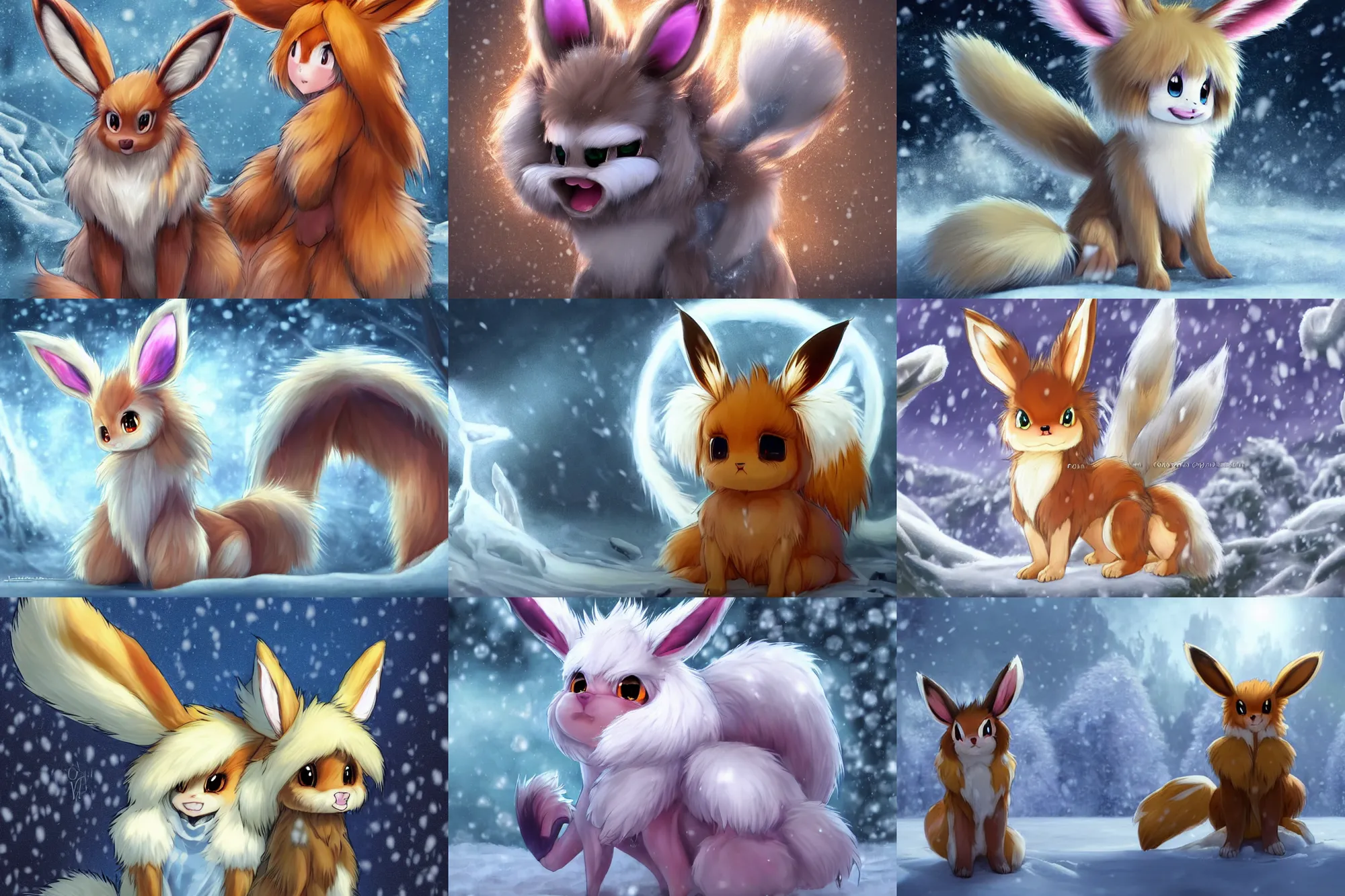 Prompt: fan art rendering of a happy anthro fuzzy eevee evil comb sitting in snow eevee high resolution anthro eevee humanoid, CGsociety UHD 4K highly detailed, intricate heterochromia sad, watery eyes with clawed finger in nose eevee anthro kneeling poofy synthetic fur tail bloody fur wearing bow braided tail looking down bleeding eevee anthro tongue sticking out wearing a sash smiling in winter