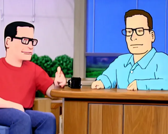 Image similar to upclose screenshot from hank hill being interviewed on an episode of the tonight show starring jimmy fallon. talk show set.