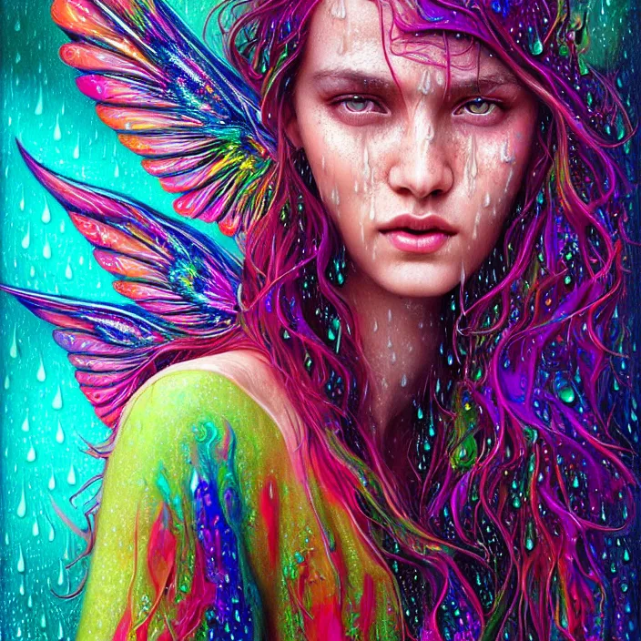 Image similar to bright psychedelic portrait with rain on face and wet hair, wings, smiling, diffuse lighting, fantasy, intricate, elegant, highly detailed, lifelike, photorealistic, digital painting, artstation, illustration, concept art, smooth, sharp focus, art by John Collier and Albert Aublet and Krenz Cushart and Artem Demura and Alphonse Mucha