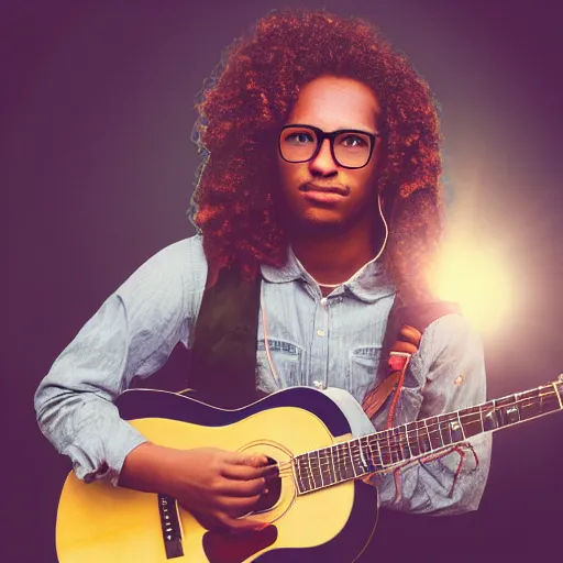 Prompt: double exposure young black man with long curly hair, detailed curls, wearing glasses, mountain meadow sunrise, electric guitar