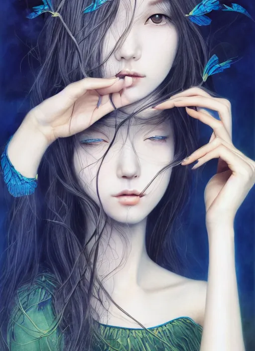 Prompt: breathtaking Female Portrait by Miho Hirano, Ross Tran and Ilya Kuvshinov, realistic, detailed, blue, green tonalities, beautiful collage technique including flora, branches, birds, butterflies, ornate background, beautiful Fantasy detailed trending on artstation, oil painting,Dramatic lighting, eterea , high quality print, fine art with subtle redshift rendering