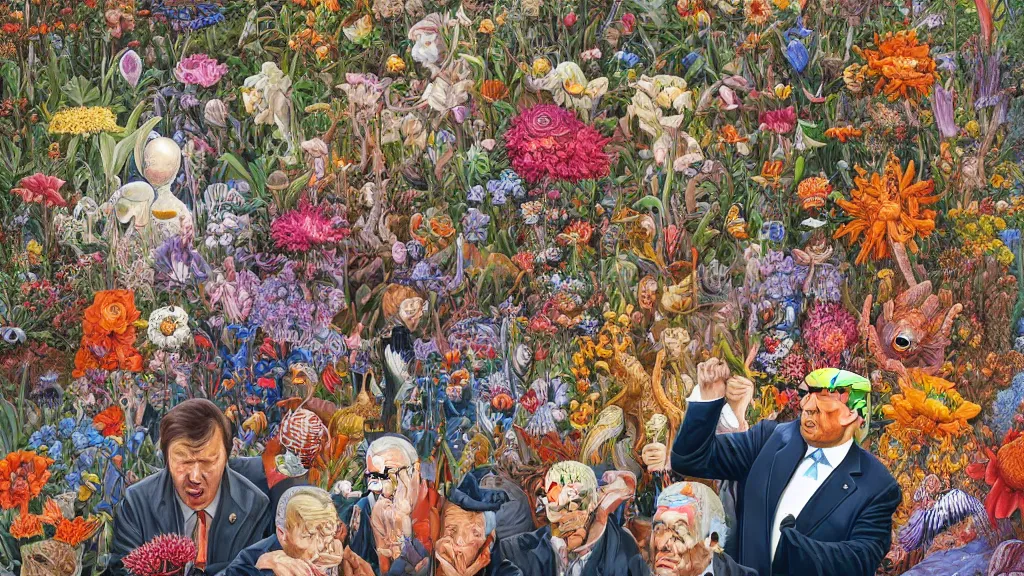 Prompt: highly detailed oil painting of donald trump surrounded by all the known species of flowers by olaf hayek, by moebius, by oliver vernon, by joseph moncada, by damon soule, by manabu ikeda, by kyle hotz, by dan mumford, by kilian eng