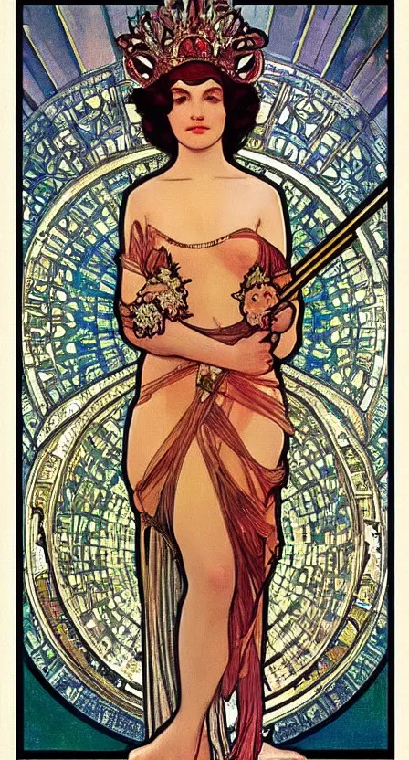 Image similar to an art deco scepter and a crown of stars, digital painting by tamara de lempika and an elegant border by alphonse mucha.