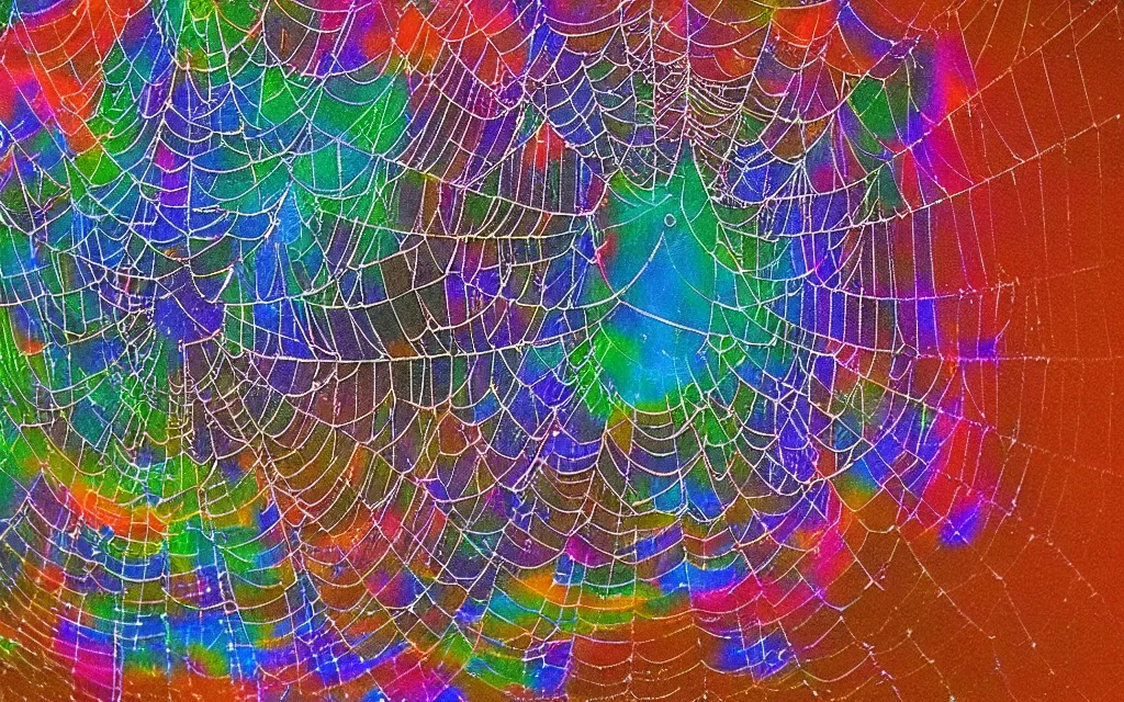Prompt: adamantine spider spirit iridescent carapace weaving a cosmic web