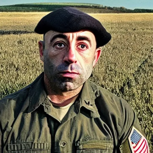 Prompt: “Joe Rogan standing in the middle of a field wearing the US Army uniform with a grumpy look on his face”