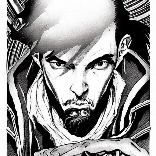 Prompt: pen and ink!!!! attractive 22 year old Dr. Strange Gantz monochrome!!!! Frank Zappa x Daniel Radcliff highly detailed manga Vagabond!!!! telepathic floating magic swordsman!!!! glides through a beautiful!!!!!!! battlefield magic the gathering dramatic esoteric!!!!!! pen and ink!!!!! illustrated in high detail!!!!!!!! graphic novel!!!!!!!!! by Hiroya Oku!!!!!!!!! MTG!!! award winning!!!! full closeup portrait!!!!! action manga panel