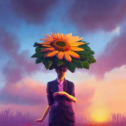 Image similar to giant daisy flower head, frontal, a girl in suit, surreal photography, sunrise, dramatic light, impressionist painting, digital painting, artstation, simon stalenhag