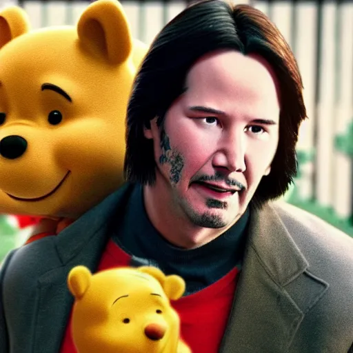 Image similar to A still of Keanu Reeves as Winnie the Pooh