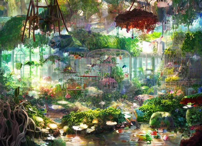 Prompt: messy cozy store with cluttered hanging cages and bright aquariums, dense verdant foliage, dim painterly lighting volumetric aquatics, impasto, trending on pixiv