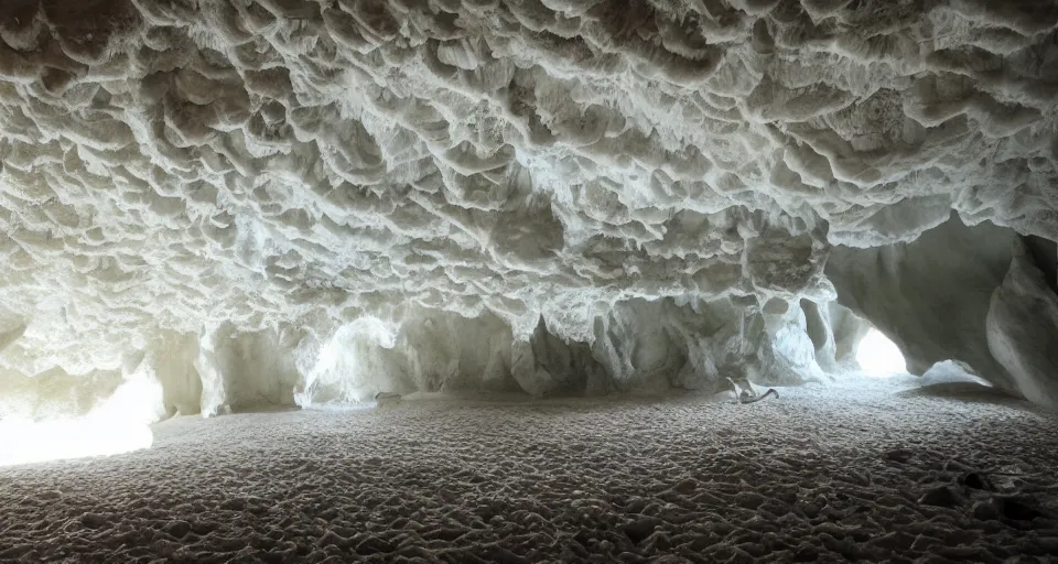 Image similar to white seashell house cave, atmospheric cinematography