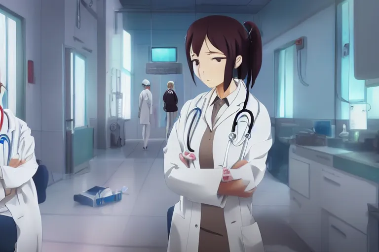 Image similar to a cute young female doctor wearing white coat are doing an operation in a hospital, slice of life anime, cinematic, lighting, anime scenery by Makoto shinkai