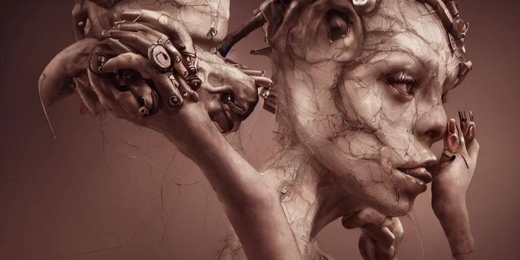 Prompt: hyperrealistic photography of a highly intricate, stunning, perfect cyborg female, elbow, knee, intimate, hand holdings, in the style of beth cavener, jin kagetsu, chuck close, and wlop, highly detailed, face, symmetry, masterpiece, award - winning, sharp focus, concept art, ambient lighting, 8 k, artstation