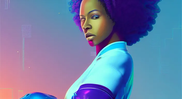 Image similar to portrait of beautiful cyberpunk black woman with afro hair, rio de janeiro pao de acucar corcovado ipanema on the background, blue and purple digital art trending on artstation, beeple, soft lighting, bokeh