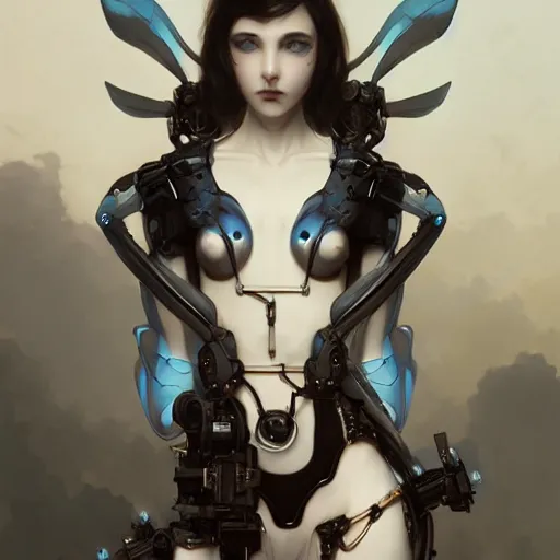 Image similar to Beautiful pale goth cyborg girl with mechanical wings and many wires, masterpiece 4k digital illustration by Ruan Jia and Mandy Jurgens and Artgerm and william-adolphe bouguereau, highly detailed, trending on artstation, award winning,