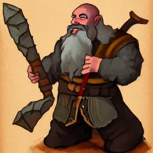 Prompt: fantasy dwarf on an epic quest holding a baguette. epic fantasy drawing. epic lighting.