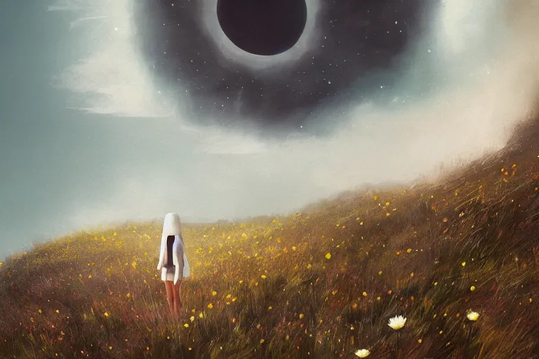 Image similar to giant white daisy flower face, girl standing on cliff, surreal photography, solar eclipse, milky way, dramatic light, impressionist painting, clouds, digital painting, artstation, james gilleard, liam wong, jeremy mann, simon stalenhag