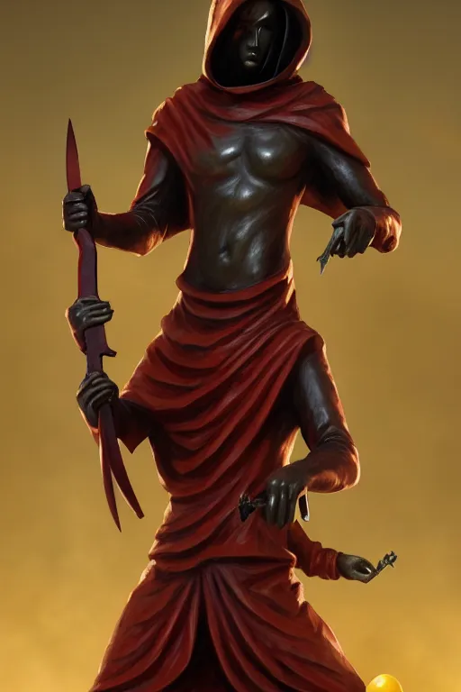 Image similar to a statue of a hooded cultist is holding a bloody knife in one hand and a tomato on the other, by patrick mcenvoy and michael komarck and fantasy flight, incredible quality, trending on artstation