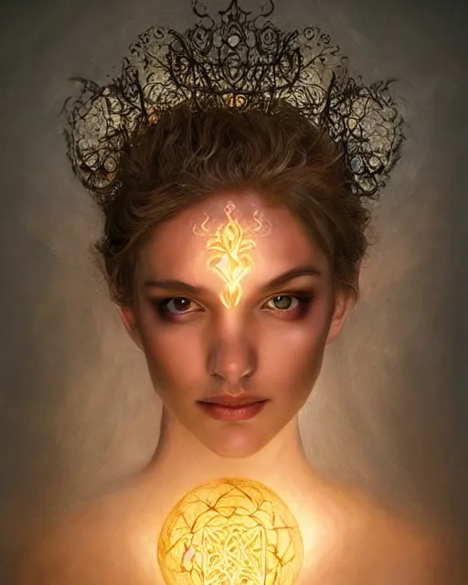 Image similar to lightpainting, diffuse lighting, fantasy, intricate wiccan facial lightpainting, elegant light, highly detailed, lifelike, photorealistic, digital painting, artstation, concept art, smooth, sharp focus, art by john collier, albert aublet, krenz cushart, artem demura, michael bosanko