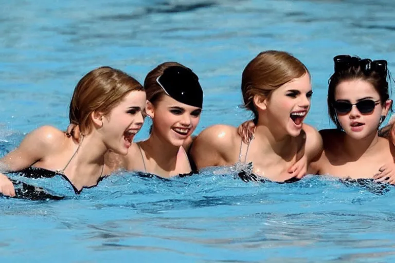 Image similar to emma watson and taylor swift and selena gomez swim together. perfect faces.