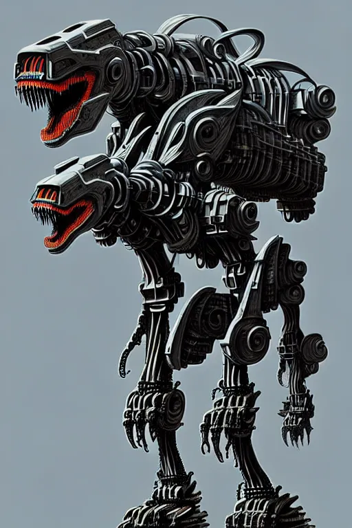 Image similar to trex in a cyborg mech suit, by alexandre ferra, zezhou chen, peter gric, boris artzybasheff and hr giger, hyper detailed, screen print, character concept art, hyperrealism, coherent, cgsociety, zbrush central, behance hd, hypermaximalist