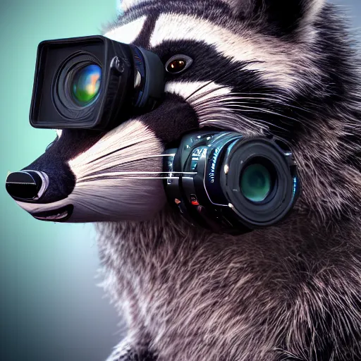 Image similar to a hyperrealistic octane render of a raccoon holding a dslr camera taking a photograph, photorealism, unreal engine, dramatic lighting, volumetric lighting, uplighting