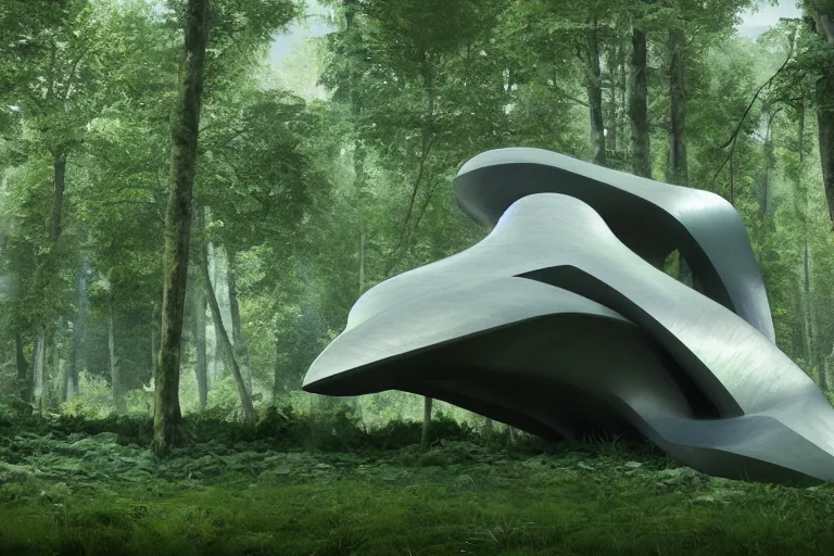 Image similar to a sculpture designed by Zaha Hadid in a forest, digital art, unreal engine 5, high resolution, 4k, realistic