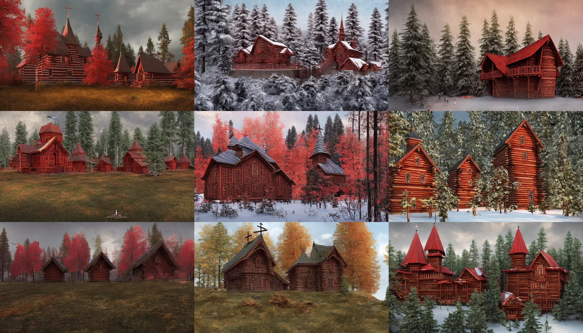 Prompt: tall castle enclosed palisaded, with christian wooden churches and domes on them, log houses built in red forest, slavic, russian, slovenian, tartarian architecture, contrasting, red forest, photo - realistic, hyper - detailed, artstation, cgsociety, 8 k