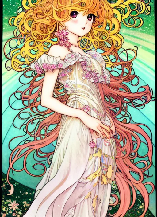 Prompt: exquisite imaginative manga poster of a fairy princess, long wavy hair, rococo ruffles dress, shimmering, by shigenori soejima, minaba hideo, katsuhiro otomo, alphonse mucha, jump comics, illustration, artstation, dark fantastic, highly detailed, 8 k, fluorescent, fluorescent, maximalist