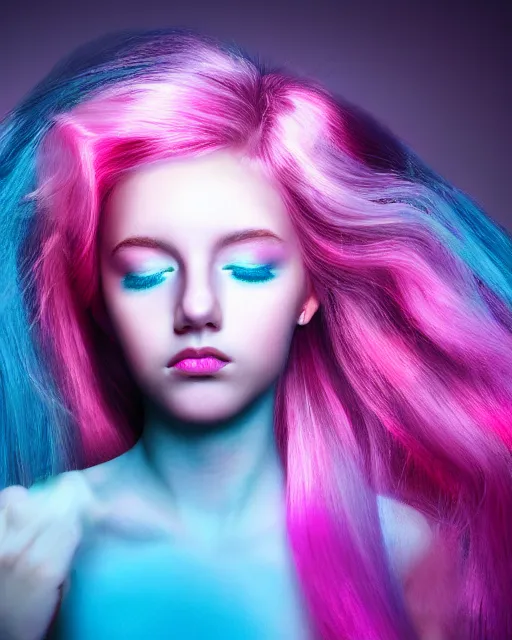 Image similar to a digital art of a dramatic lighting beautiful young woman with cotton candy hair. with a little bit of cyan and pink
