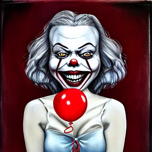 Image similar to grunge cartoon painting of margot robbie with a wide smile and a red balloon by chris leib, loony toons style, pennywise style, corpse bride style, horror theme, detailed, elegant, intricate