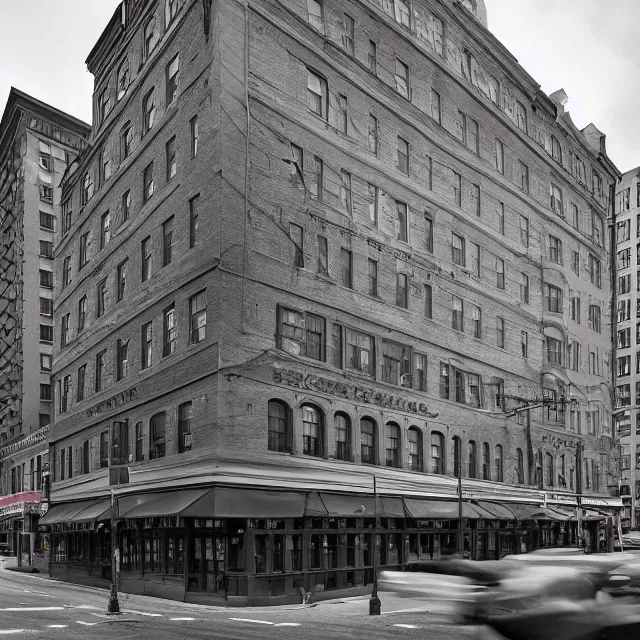 Image similar to a gothic 1 9 2 0 s 1 0 - storey hotel in downtown boston overlooking a dark street