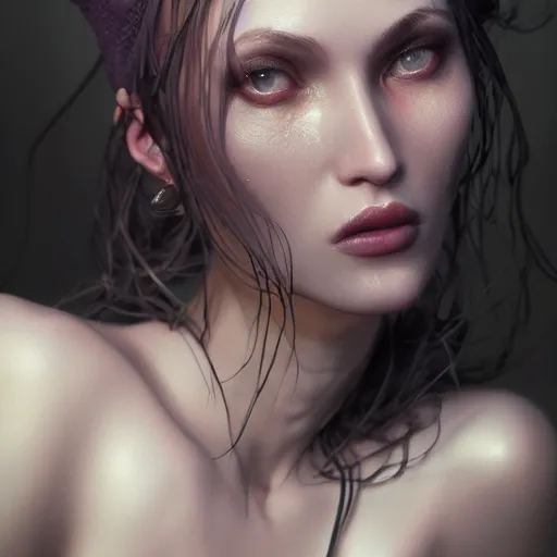 Image similar to dream girl, 8 k uhd, unreal engine, reflected chrome, octane render in the artstyle of greg rutkowski peter mohrbacher, unreal engine 5, highly detailed face, true anatomy!, extremely detailed!, fishnets, dystopian, details visible, octane render