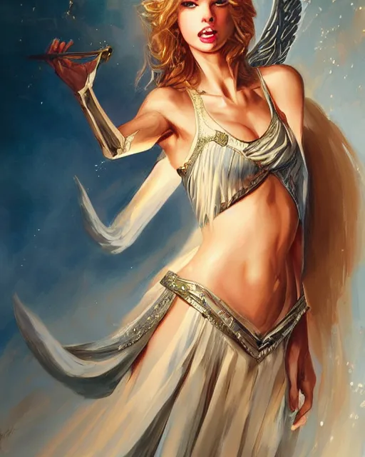 Image similar to portrait of taylor swift as a beautiful greek goddess, jesper ejsing, artgerm, artstation, halo of light