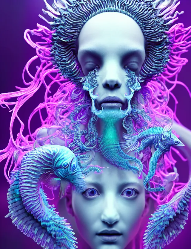 Image similar to 3 d goddess macro close - up portrait wigh crown made of ram skull. betta fish, jellyfish phoenix, bioluminiscent, plasma, ice, water, wind, creature, super intricate ornaments artwork by tooth wu and wlop and beeple and greg rutkowski