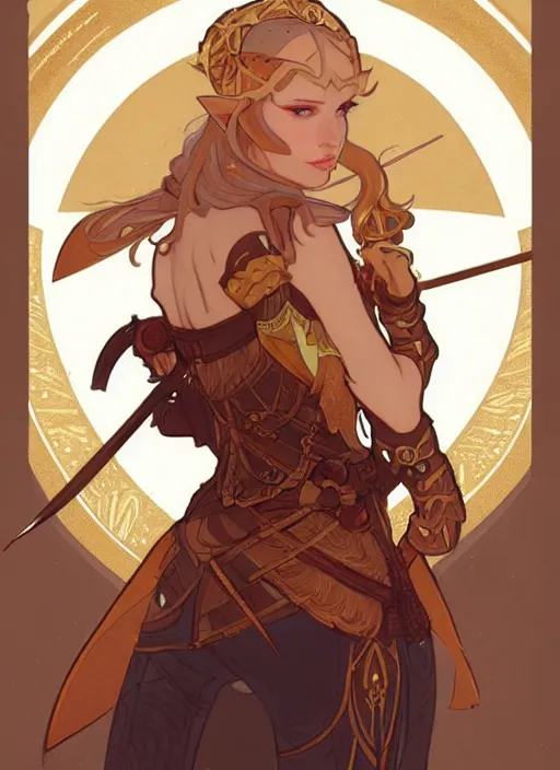 Prompt: beautiful elf archer in the slumps, brown skin, golden hair, skintight brown leather armor, high fantasy, dnd, smooth, sharp focus, illustration, by rossdraws, alphonse mucha, frank fanzzeta