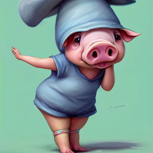 Image similar to cute little anthropomorphic funny female pig wearing shorts, a hat and a pale blue shirt!! tiny!! fully clothed!!! small, short, cute and adorable, character art portrait, matte fantasy painting, deviantart artstation, by jason felix by steve argyle by tyler jacobson by peter mohrbacher, cinema