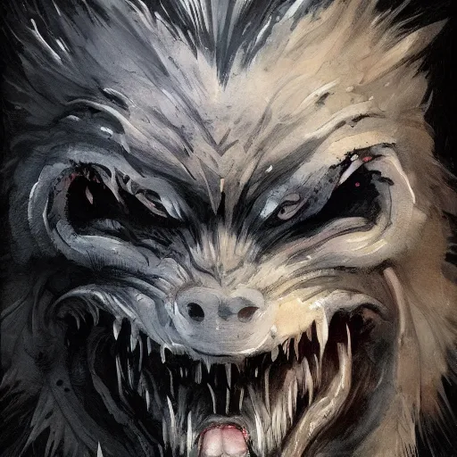 Image similar to werewolf lycanthrope monster makeup grinning one-eyed grimpunk vile reprobate portrait portrait Cyclops Cyclops Polyphemus with tombow odd nerdrum greg rutkowski frank frazetta alexandre briclot Dave Dorman splatterpaint