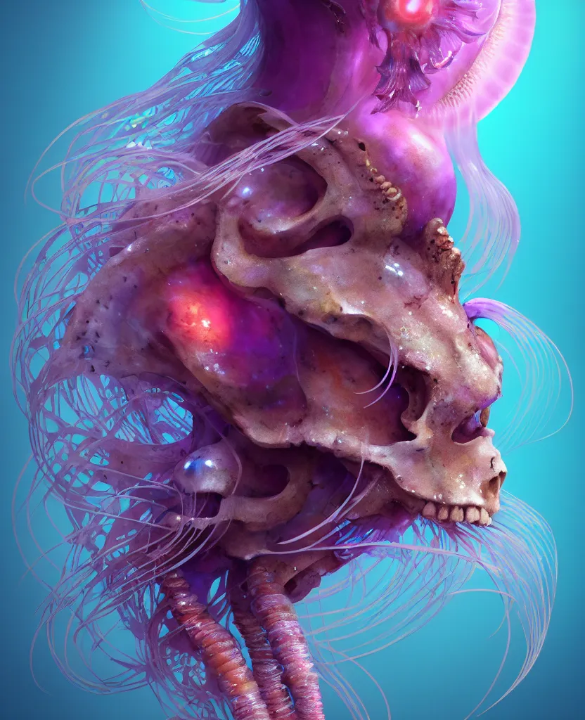 Image similar to goddess princess beautiful face close-up portrait ram skull. jellyfish phoenix head, nautilus, orchid, skull, betta fish, bioluminiscent creatures, intricate artwork by Tooth Wu and wlop and beeple. octane render, trending on artstation, greg rutkowski very coherent symmetrical artwork. cinematic, hyper realism, high detail, octane render, 8k