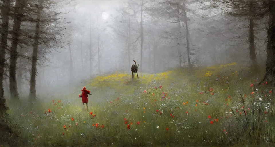 Image similar to Enchanted and magic forest full of wild flowers, by JAKUB ROZALSKI
