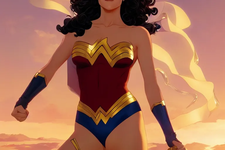 Image similar to young lynda carter as 7 0 s wonder woman, single subject, scenic full shot, ambient lighting, detailed face, by makoto shinkai, stanley artgerm lau, wlop, rossdraws