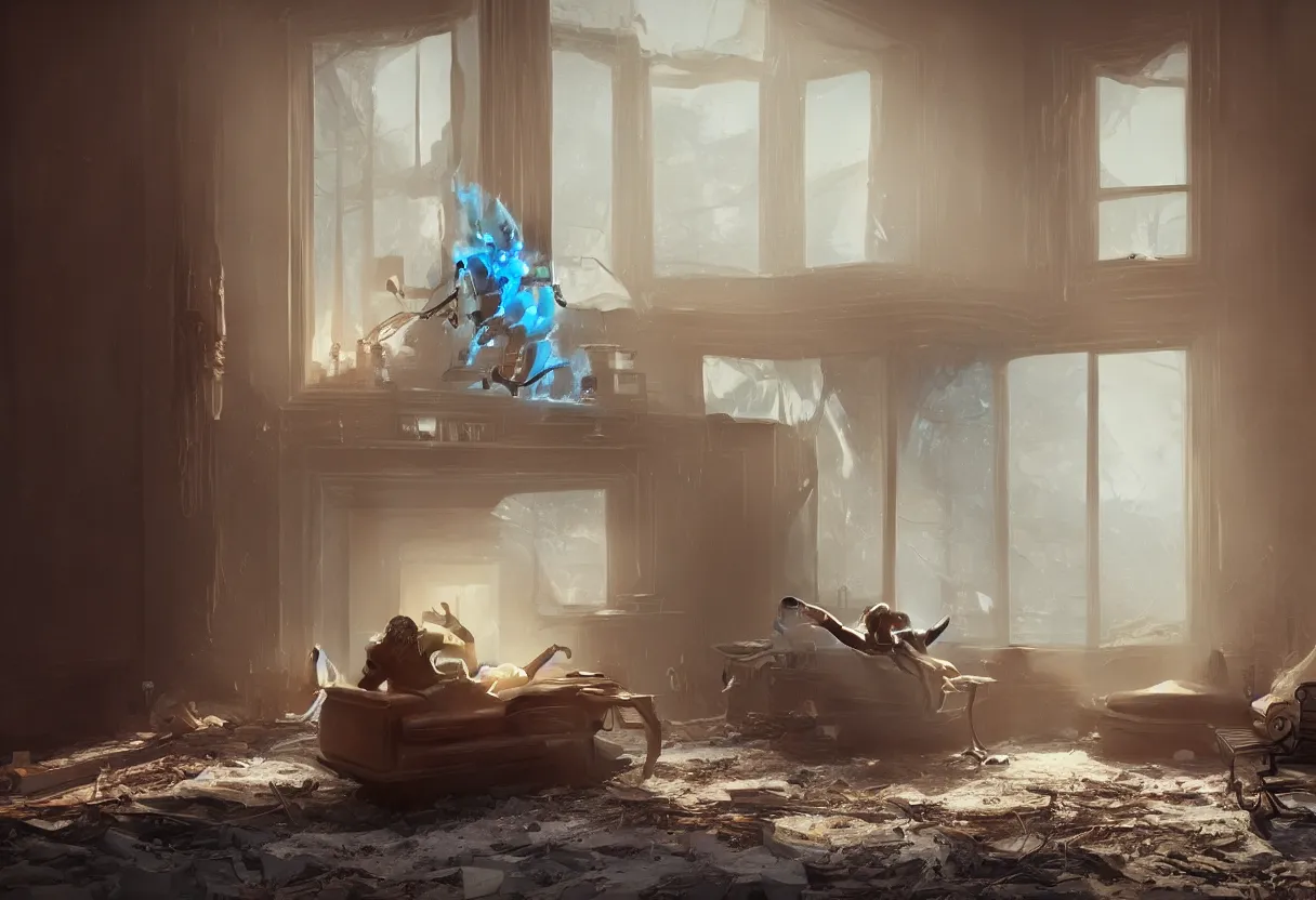 Image similar to intimate photograph of one single lone solitary cerulean and brown decaying futuristic robot lying on a frayed fainting couch in front of a beautiful fireplace with a cozy fire, in a dusty Victorian home, soft morning light seeping in a window, with cinematic lighting and lens flare, tall ceiling, octane render, cgsociety, by Simon Stalenhag and Rouhollah Toghyani and Sylvian Boussiron and Alfonso Cuaron, highly detailed closeup portrait, award-winning highly detailed 8k anamorphic closeup tight cinematic movie photograph