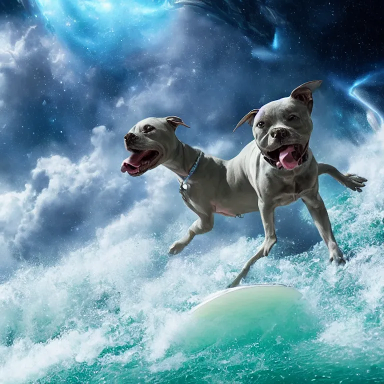 Prompt: photo of a gray coat pit bull with white paws, surfing on a surfboard in a crashing wave of alien ocean in space, background is an alien galaxy, aliens in the background, alien colors, octane render, unreal engine, wide view, 8 k, high detaild