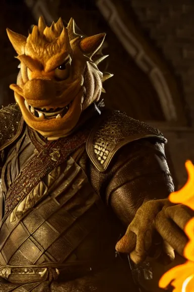 Image similar to very very intricate photorealistic photo of bowser in an episode of game of thrones, photo is in focus with detailed atmospheric lighting, award - winning details